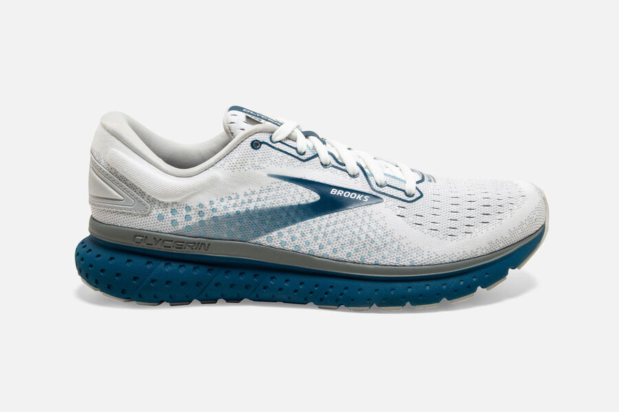 Glycerin 18 Road Brooks Running Shoes NZ Mens - White/Blue - MSWQKT-749